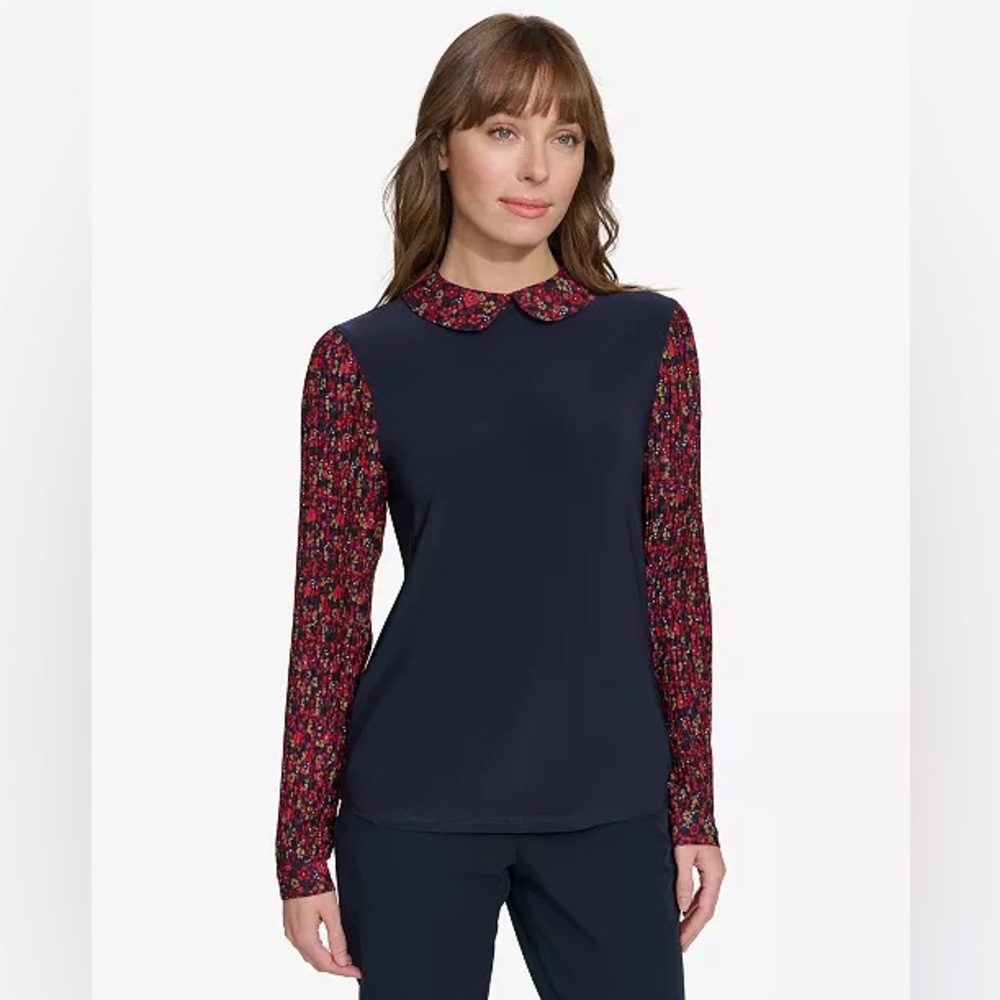Tommy Hilfiger Women's NEW Long Sleeve Collared Top Pleated Floral Sleeves Large